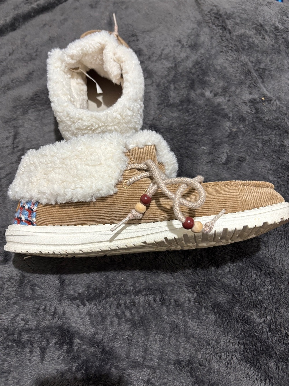 Hey Dude Tan Corduroy Slip-On Shoes with Sherpa Lining - Picture 6 of 9
